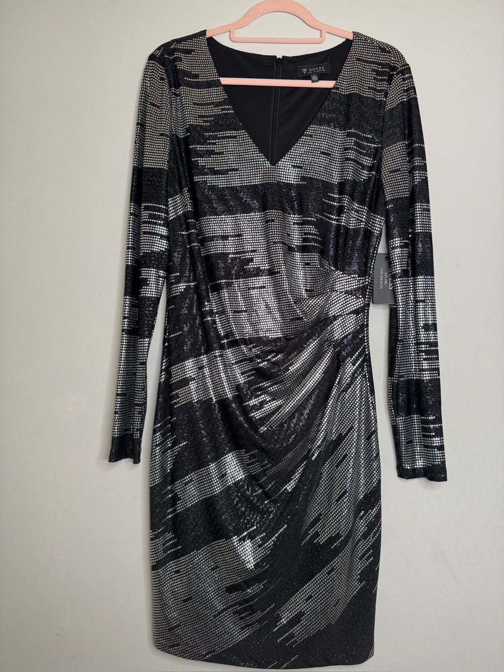 Guess Black and Silver Long Sleeve V-Neck Sequin Sheath Dress